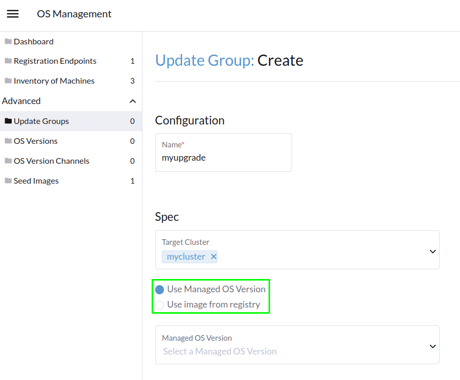 SUSE® Rancher Prime: OS Manager Upgrade-Menü