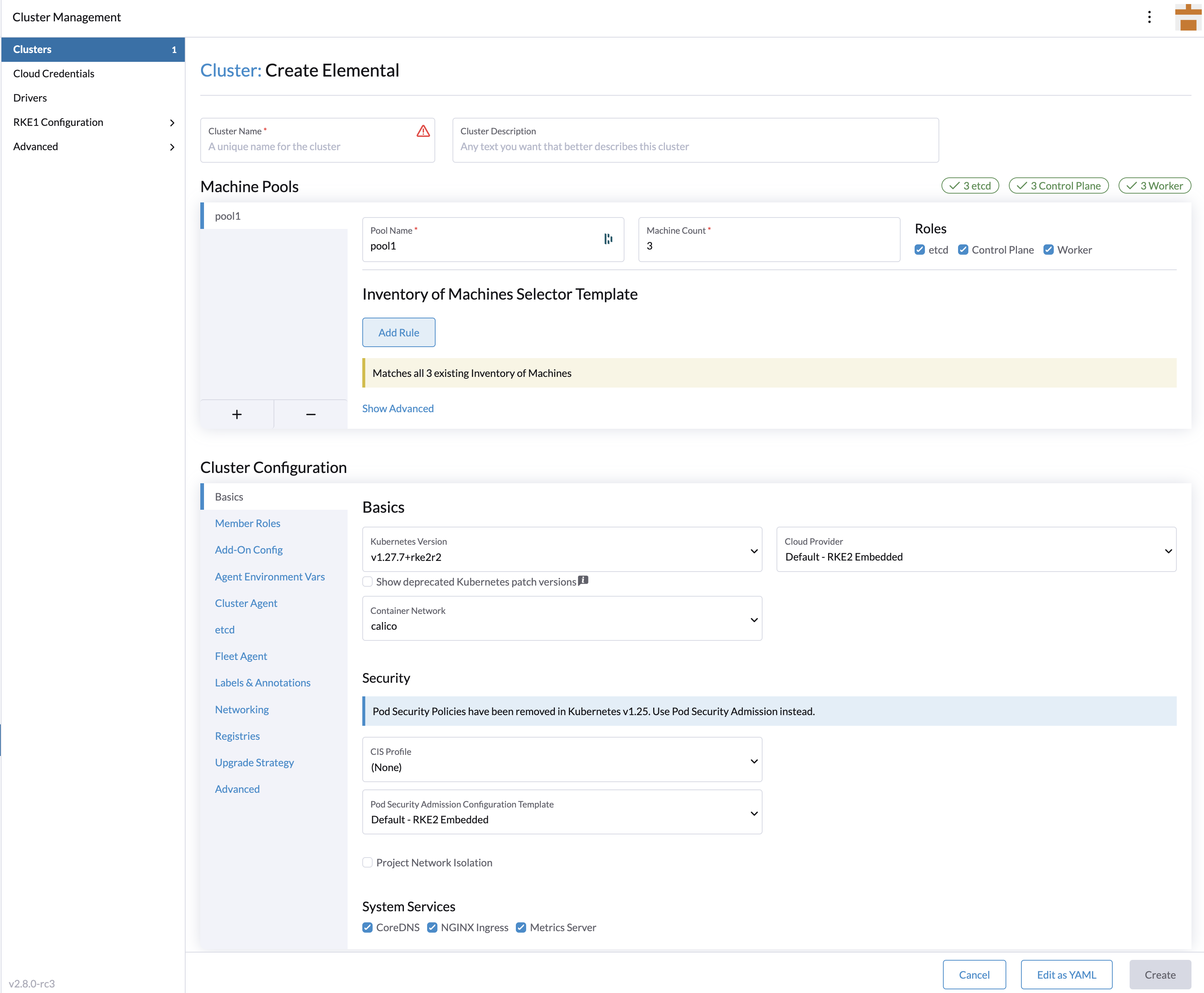 SUSE® Rancher Prime: OS Managerクラスター作成画面