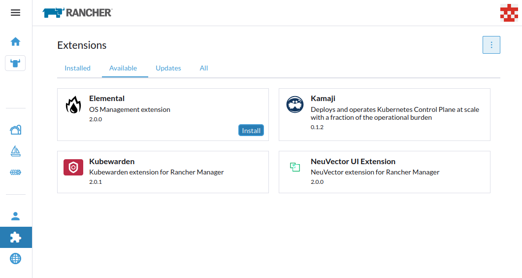 Plugins disponíveis do Rancher Manager
