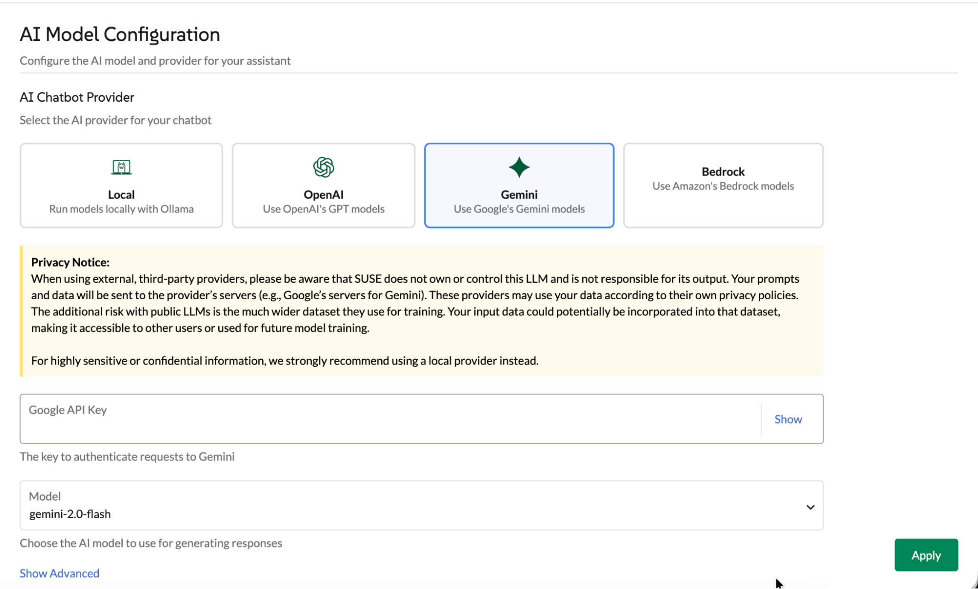 Gemini configuration screen