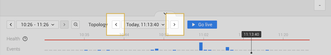 Click the topology time jumper arrows to move the topology time backwards or forwards in time to the next set of events