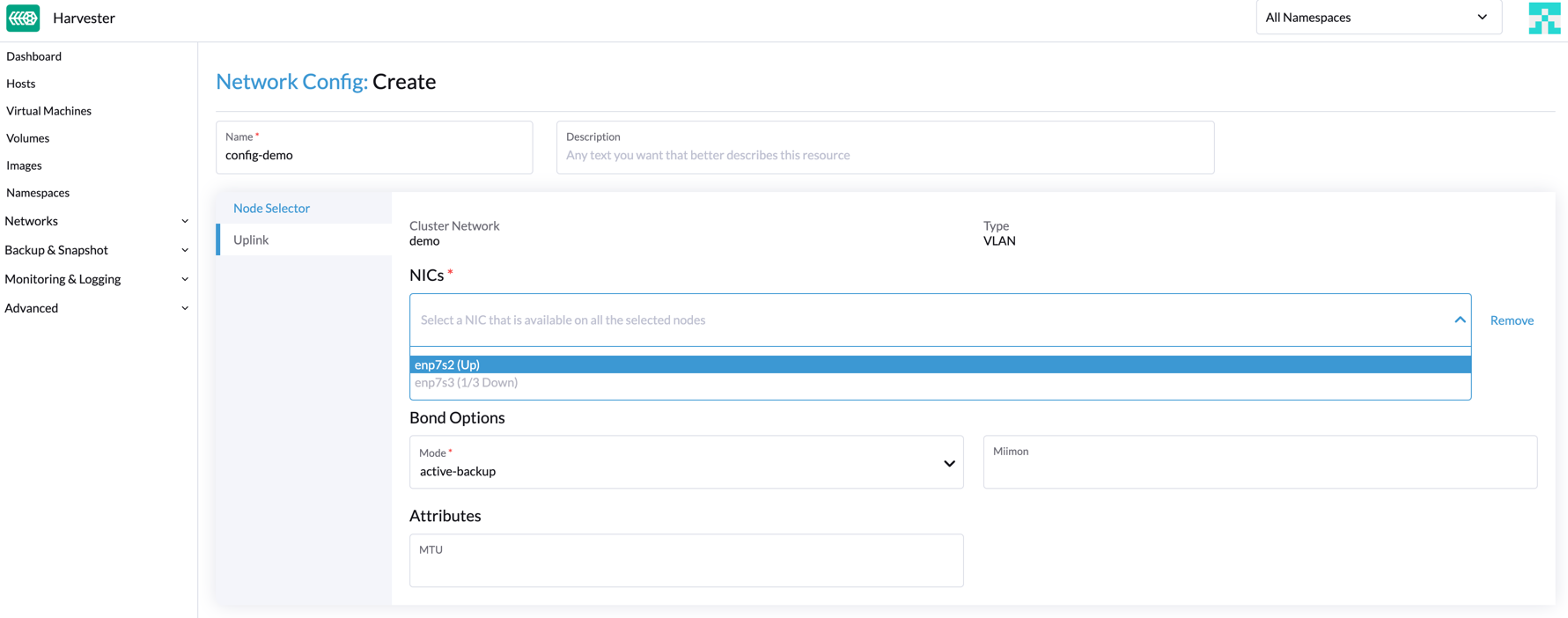 Network configuration uplink settings