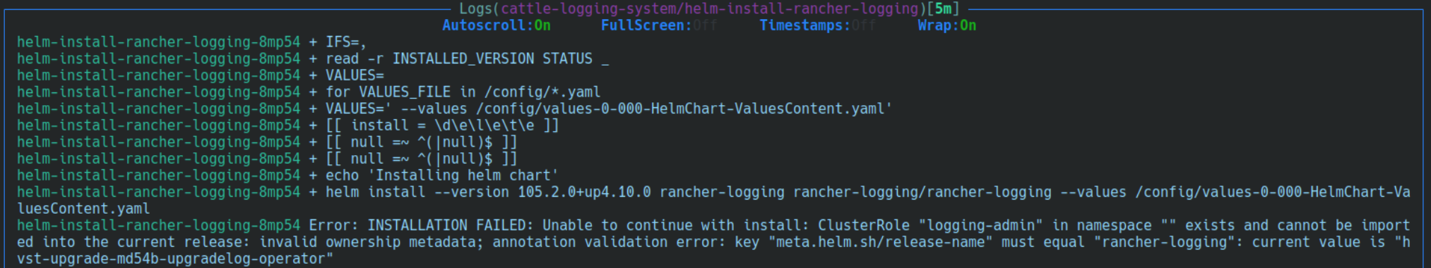 rancher-logging installation error due to conflict