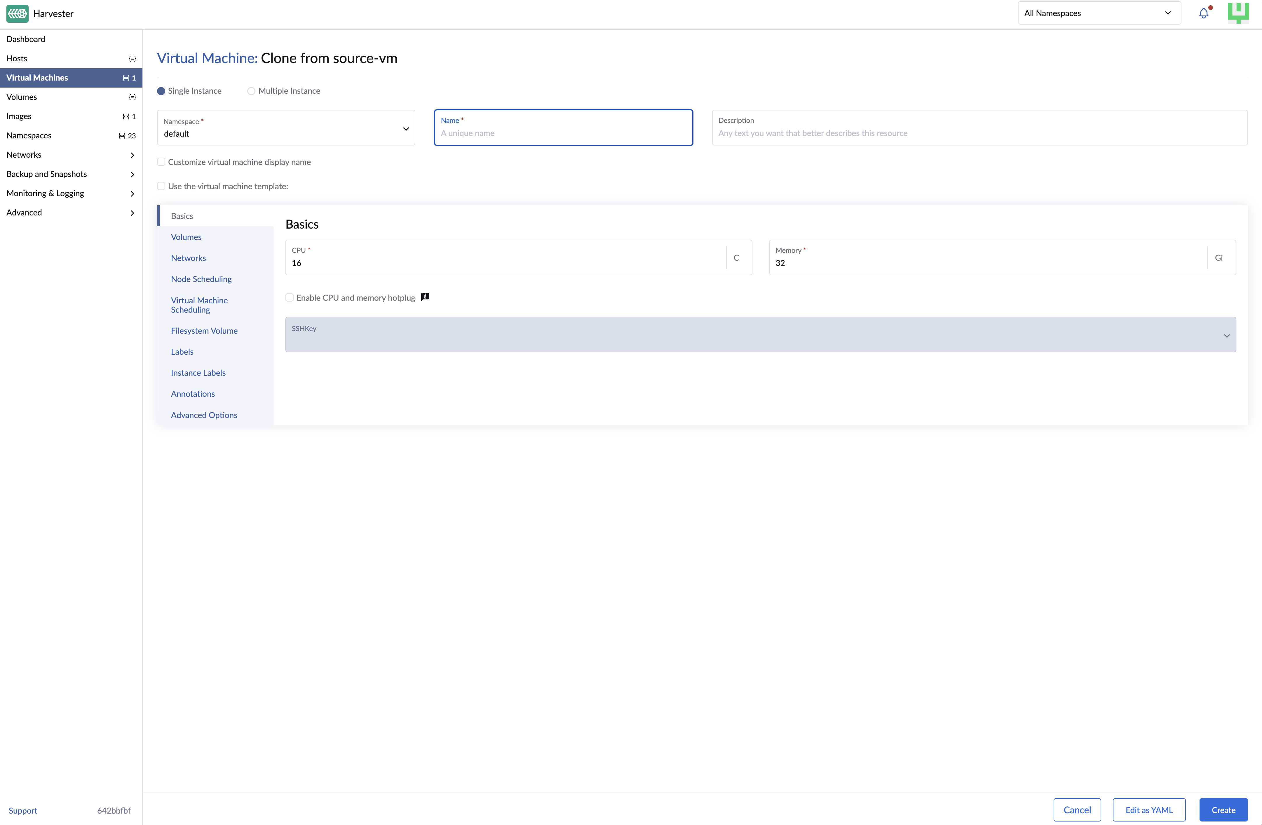 Cloned virtual machine without volume data configuration