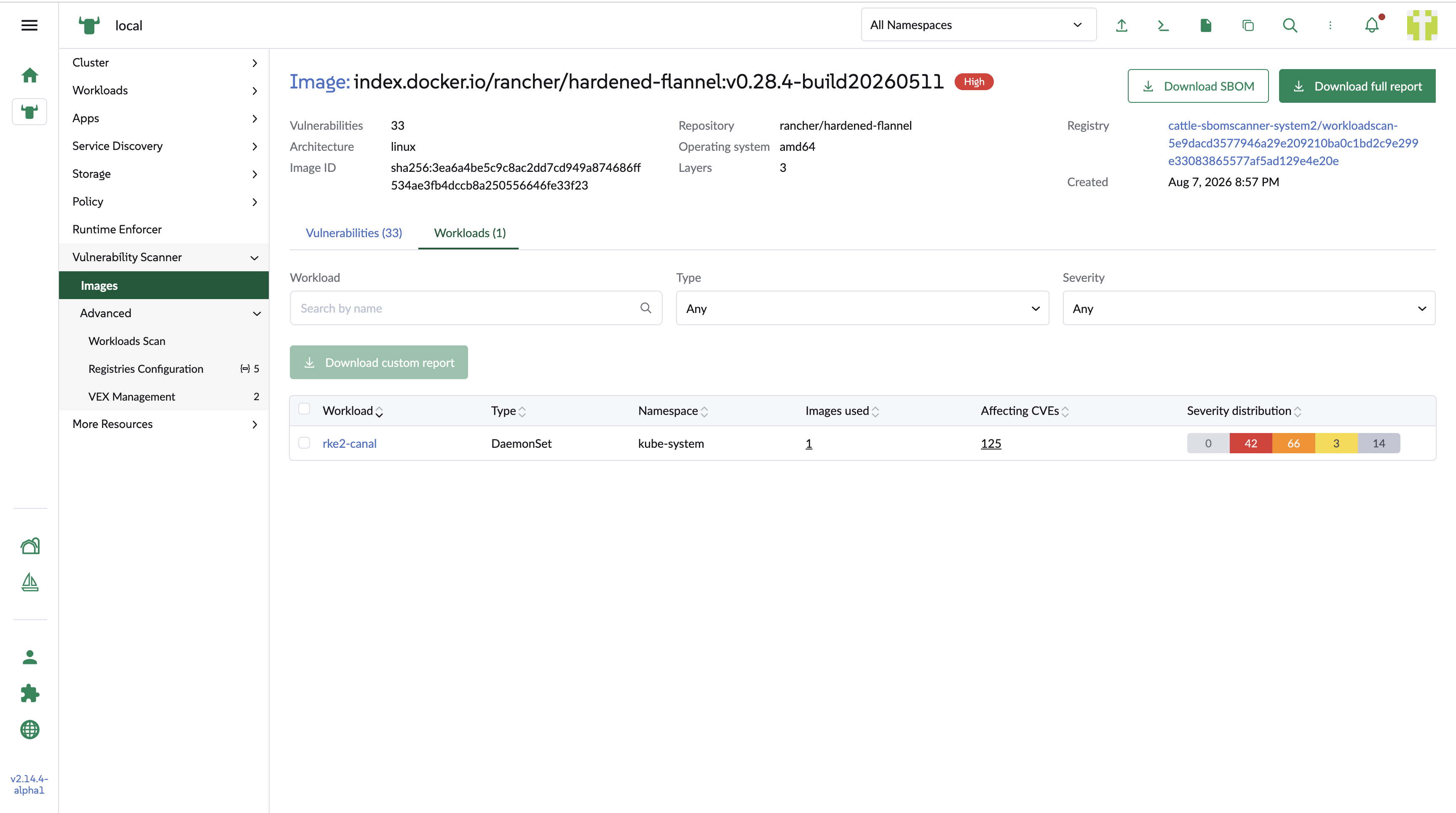 Workloads tab of the image detail page