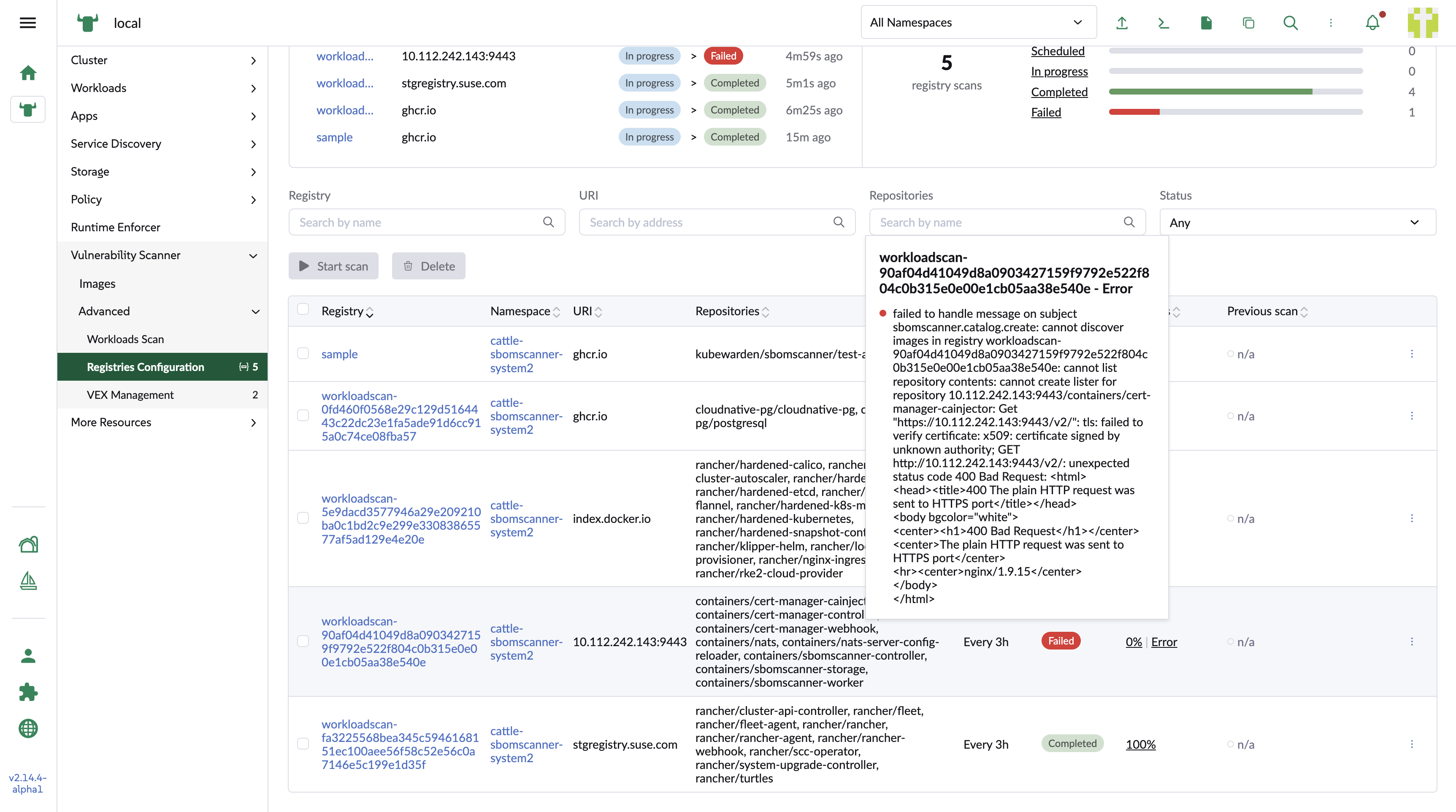 Completed workload scan in the registry list
